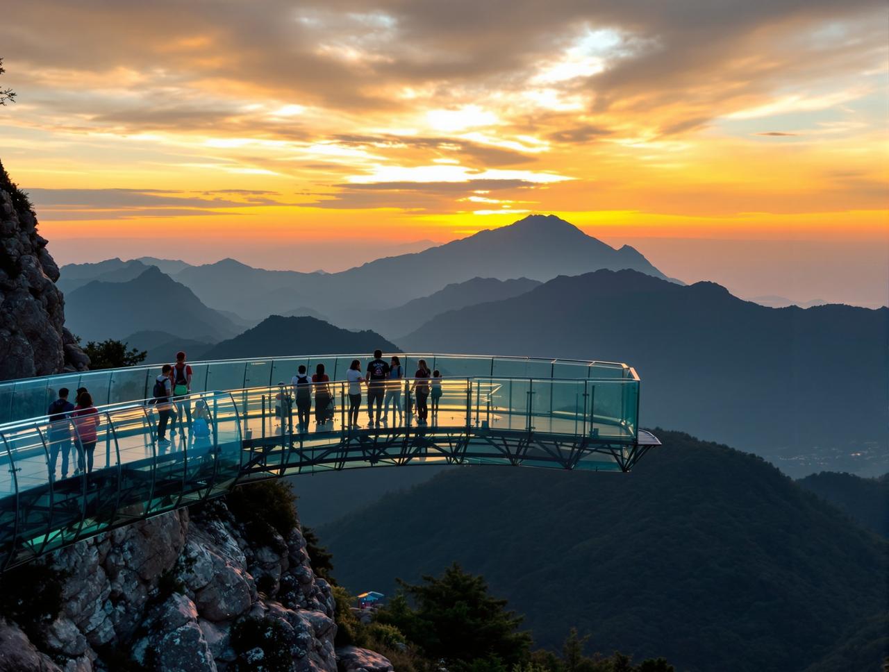 今日热点 - 景区玻璃栈道观景平台日落时分山景背景