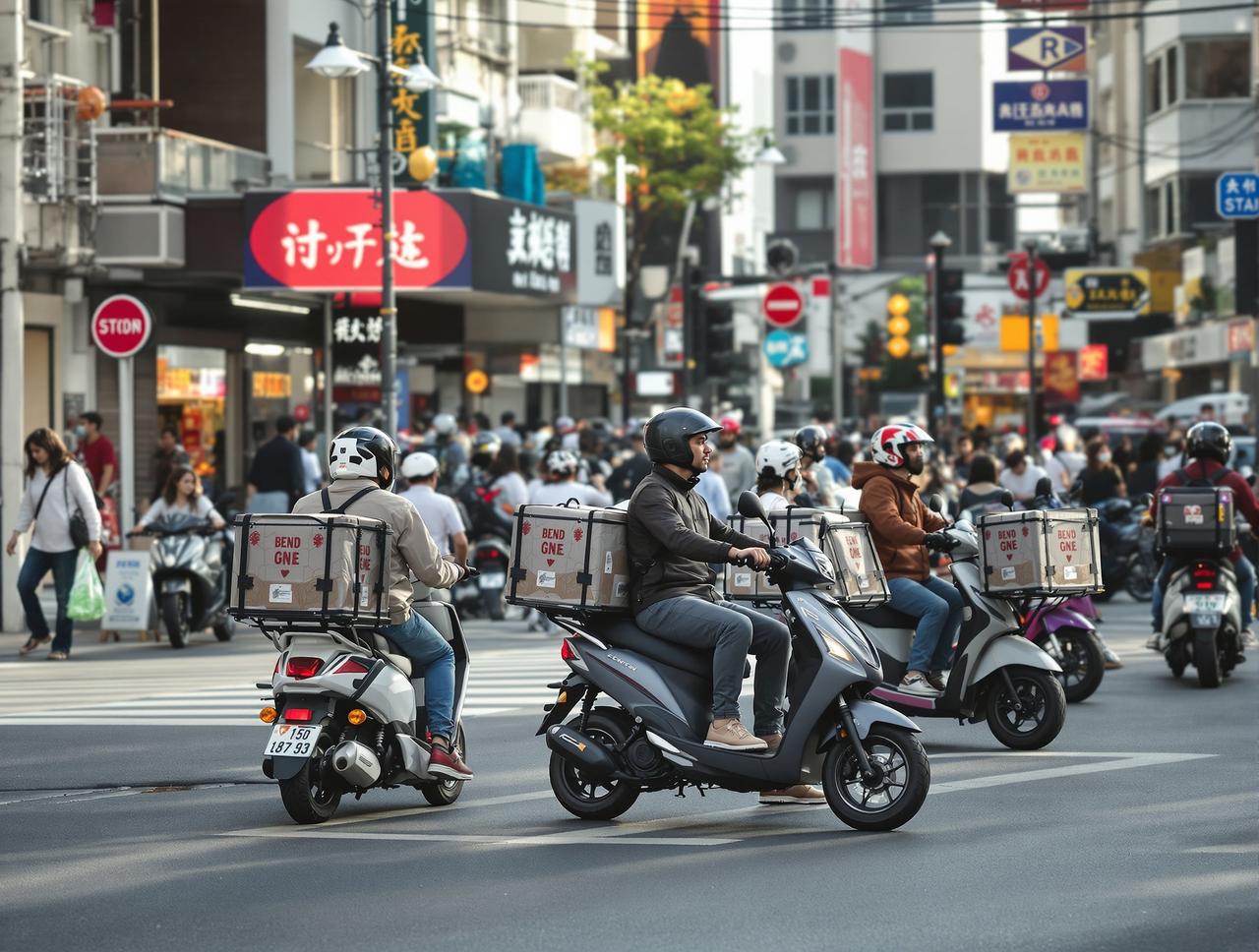 今日热点 - 城市街头外卖骑手电动车穿梭于商业区