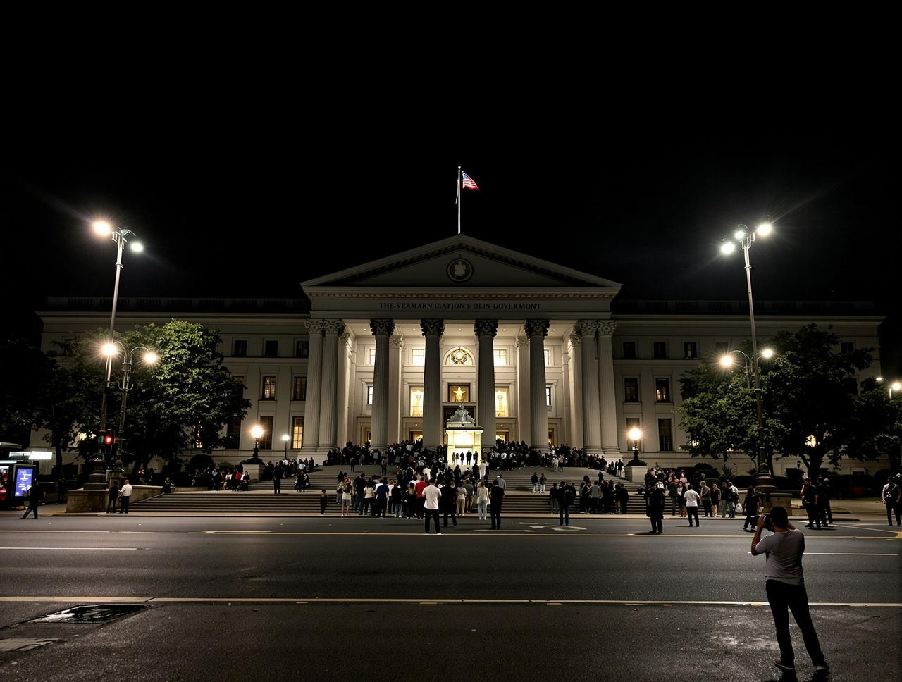 今日热点 - 政府大楼门前夜晚人群聚集，街灯照亮紧张气氛