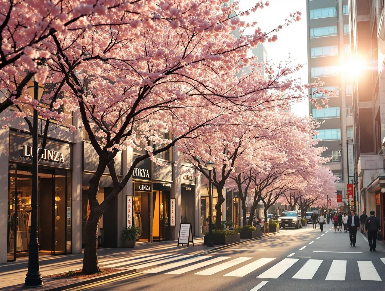 今日热点 - 东京银座街头春日樱花和奢侈品店，浪漫氛围